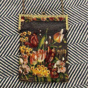 Antique Victorian Flower Floral Design Micro-beaded Purse, Metal Clasp & Chain